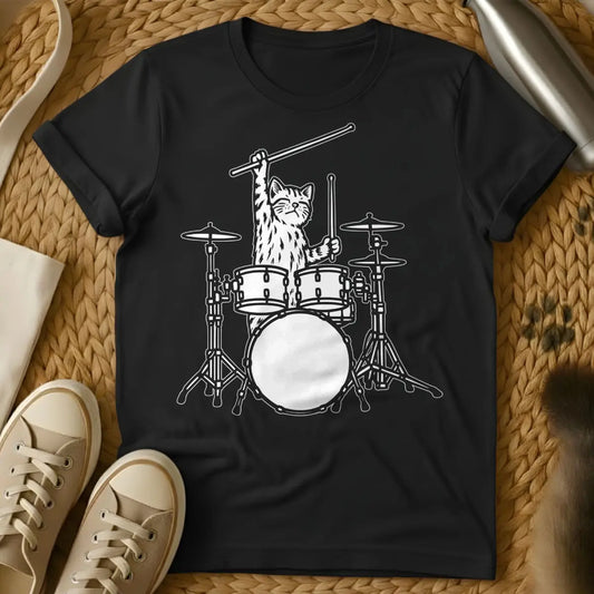 Drummer Cat Shirt - Black T-Shirt - animal rhythm art, cat parent inside joke, feline percussionist