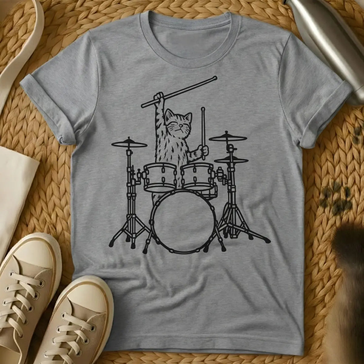 Drummer Cat Shirt - Gray T-Shirt - animal rhythm art, cat parent inside joke, feline percussionist