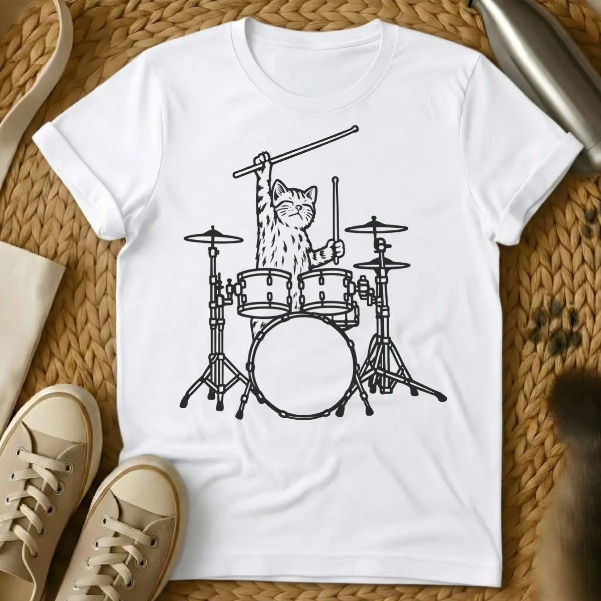 Drummer Cat Shirt - White T-Shirt - animal rhythm art, cat parent inside joke, feline percussionist
