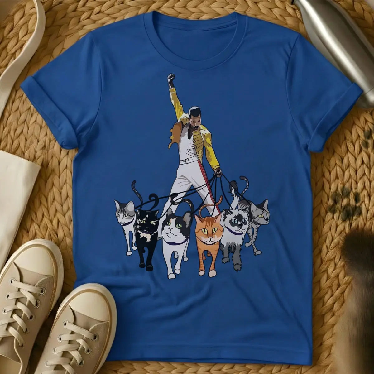 Freddie Mercury Cat Shirt - Blue T-Shirt - band tribute parody, diva feline, music icon parody