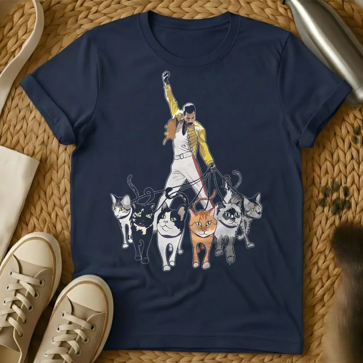 Freddie Mercury Cat Shirt - Navy T-Shirt - band tribute parody, diva feline, music icon parody