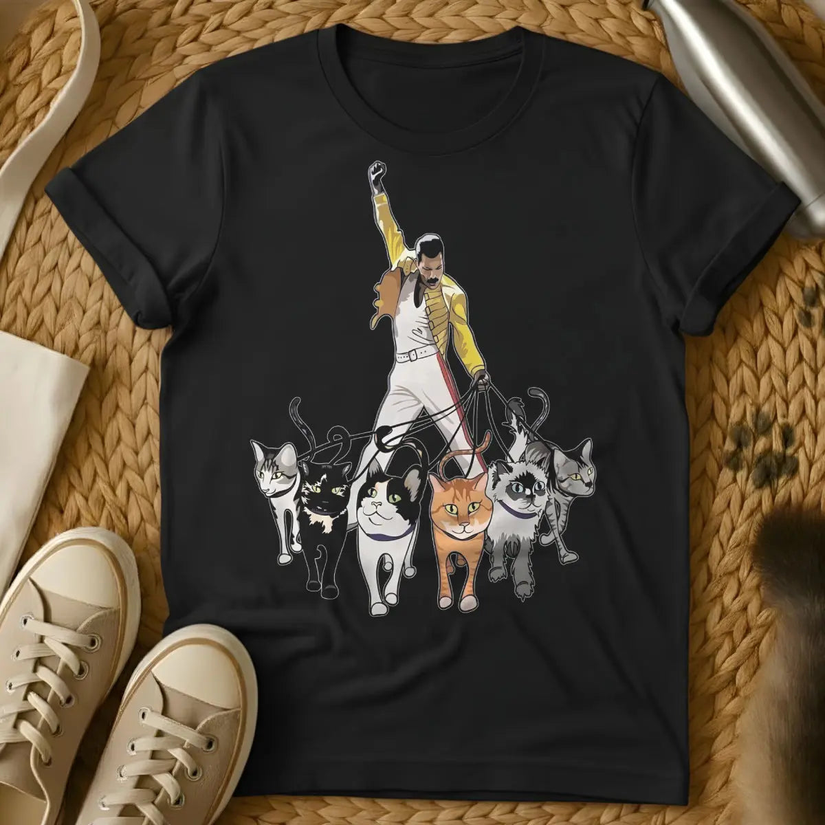 Freddie Mercury Cat Shirt - Black T-Shirt - band tribute parody, diva feline, music icon parody