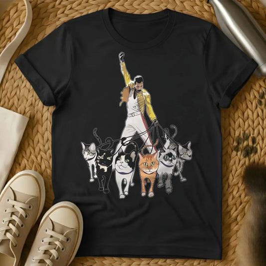 Freddie Mercury Cat Shirt - Black T-Shirt - band tribute parody, diva feline, music icon parody