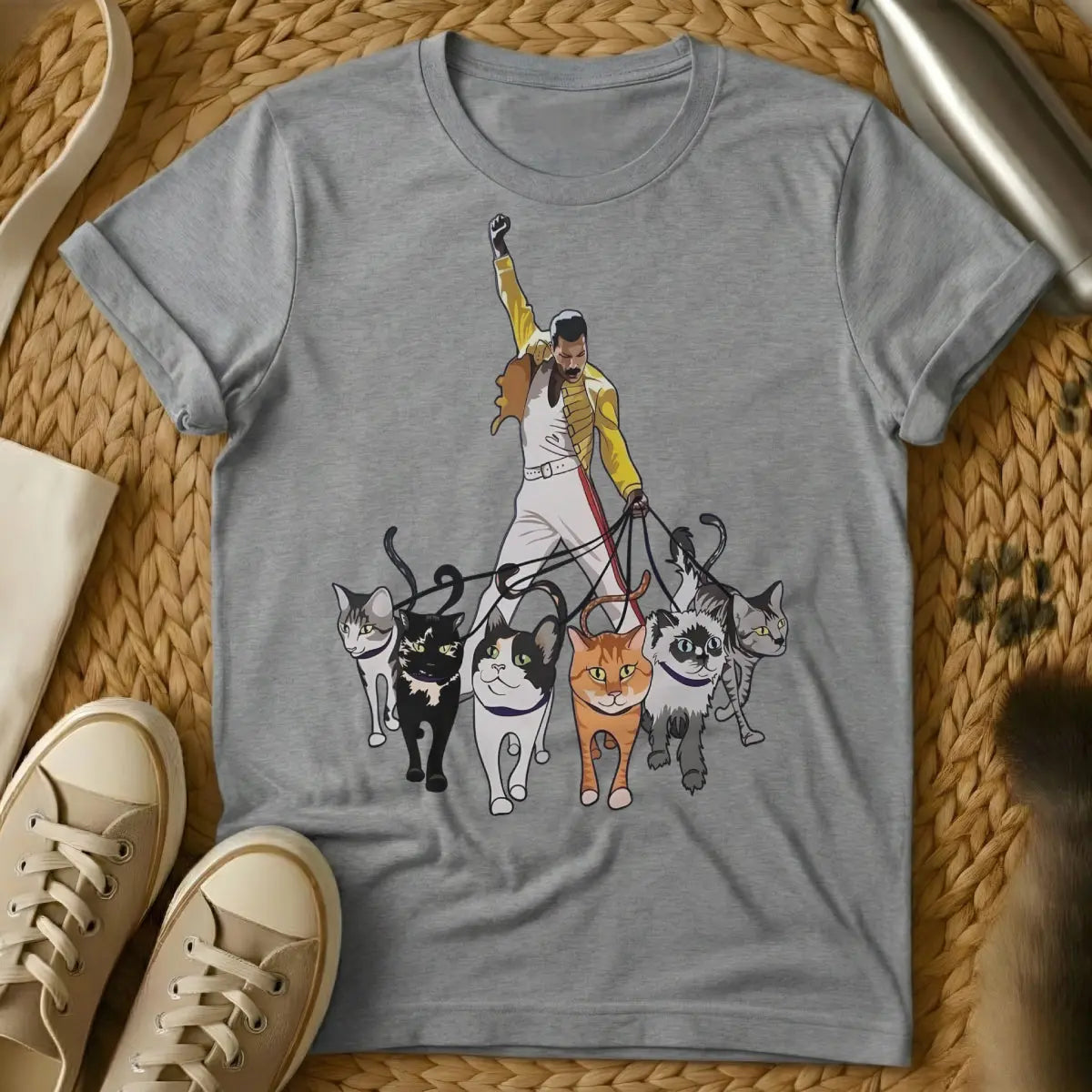 Freddie Mercury Cat Shirt - Gray T-Shirt - band tribute parody, diva feline, music icon parody