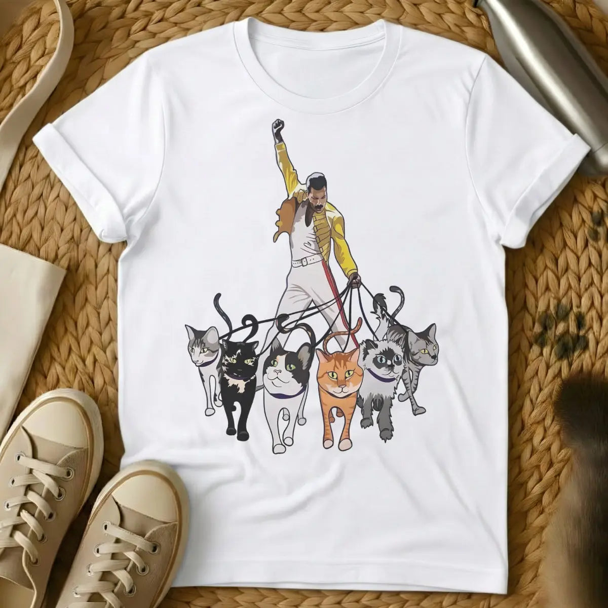 Freddie Mercury Cat Shirt - White T-Shirt - band tribute parody, diva feline, music icon parody