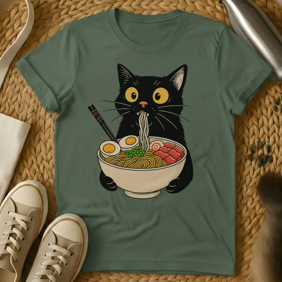 Ramen Cat T-Shirt - Military Green Cat T-Shirt
