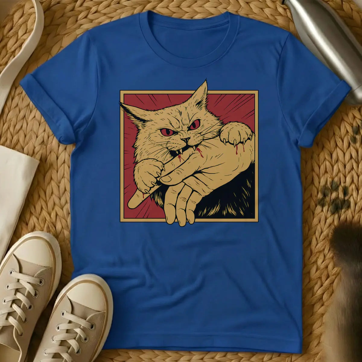 Bite Cat Shirt - Blue T-Shirt - cat petting aggression, cat teeth warning, feline mood switch