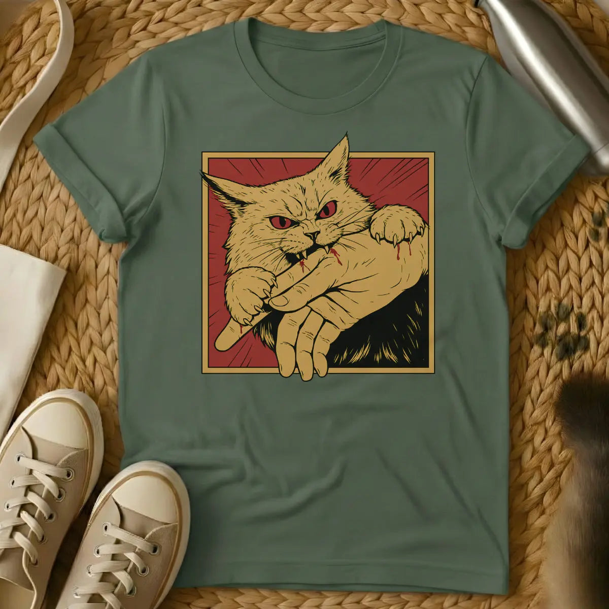 Bite Cat Shirt - Military Green T-Shirt - cat petting aggression, cat teeth warning, feline mood switch