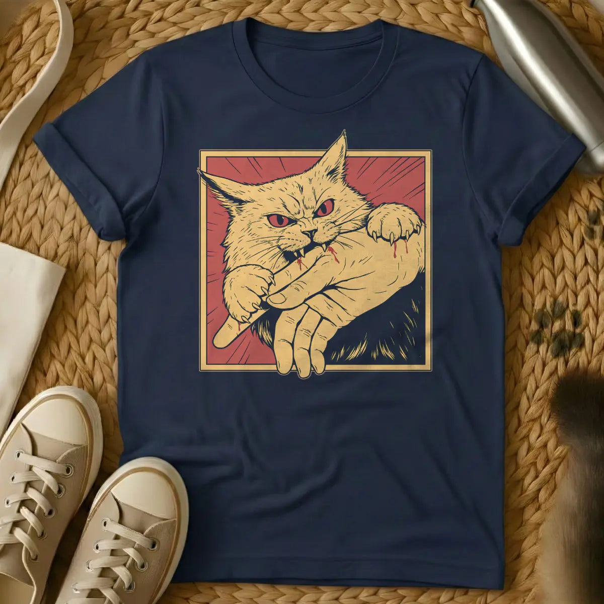 Bite Cat Shirt - Navy T-Shirt - cat petting aggression, cat teeth warning, feline mood switch
