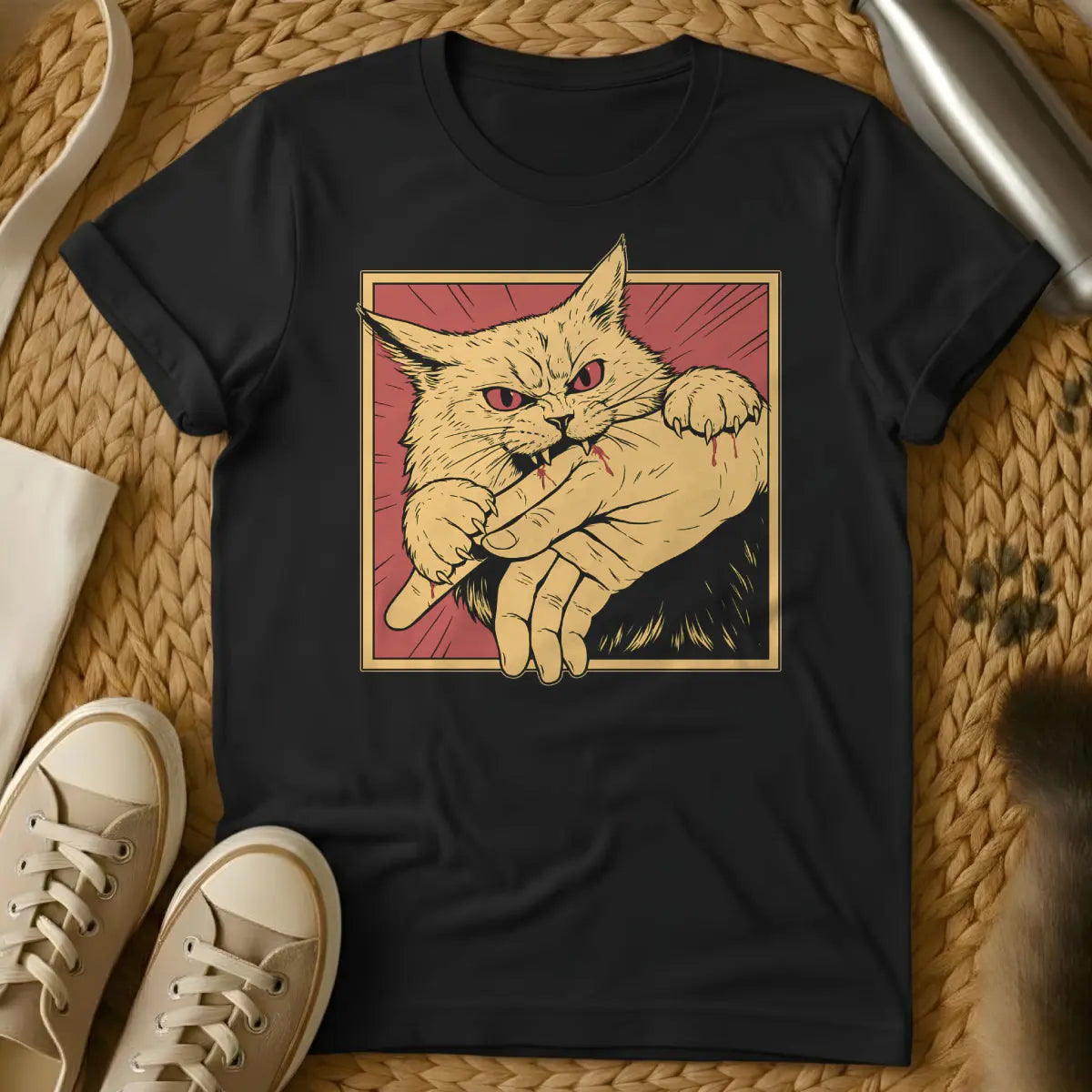 Bite Cat Shirt - Black T-Shirt - cat petting aggression, cat teeth warning, feline mood switch