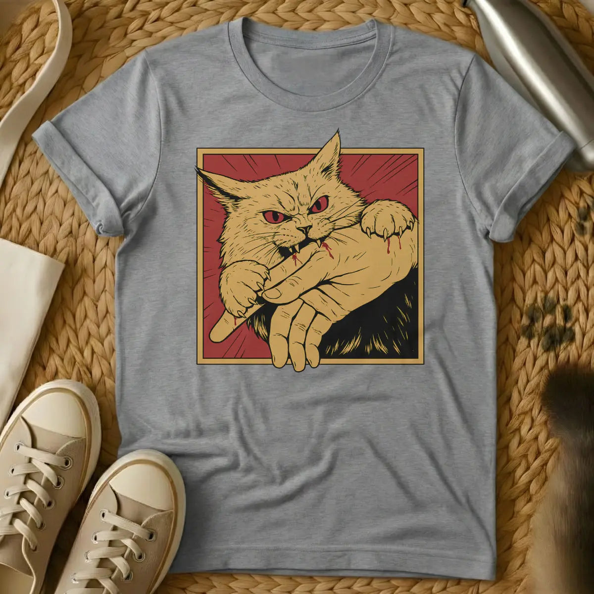 Bite Cat Shirt - Gray T-Shirt - cat petting aggression, cat teeth warning, feline mood switch