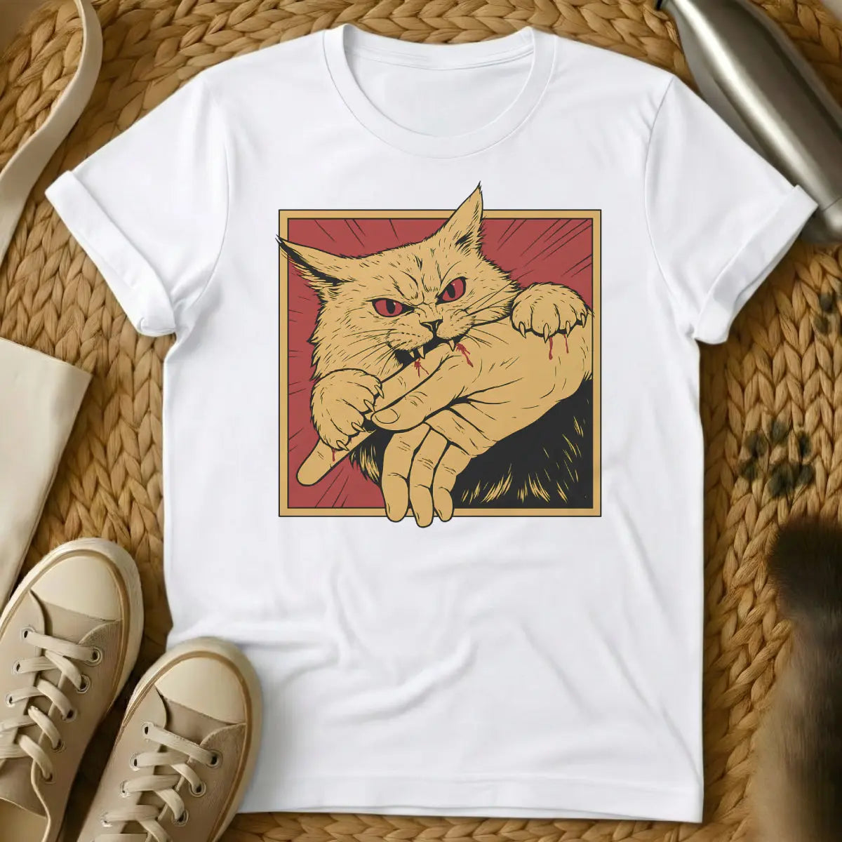 Bite Cat Shirt - White T-Shirt - cat petting aggression, cat teeth warning, feline mood switch