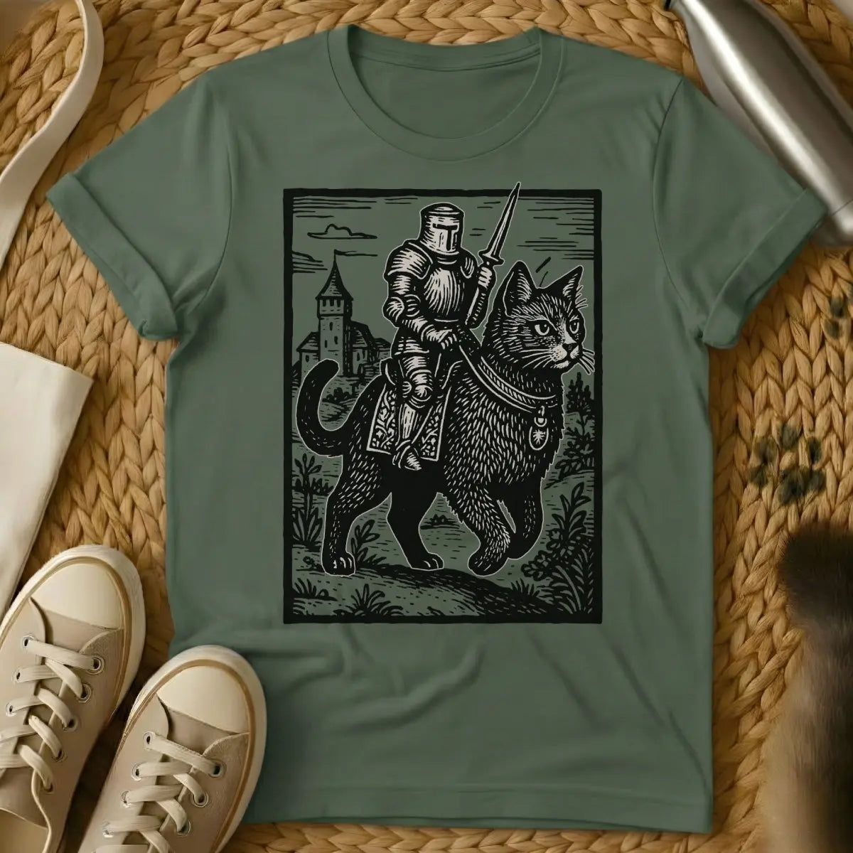Medieval Cat Tee - Military Green Cat T-Shirt