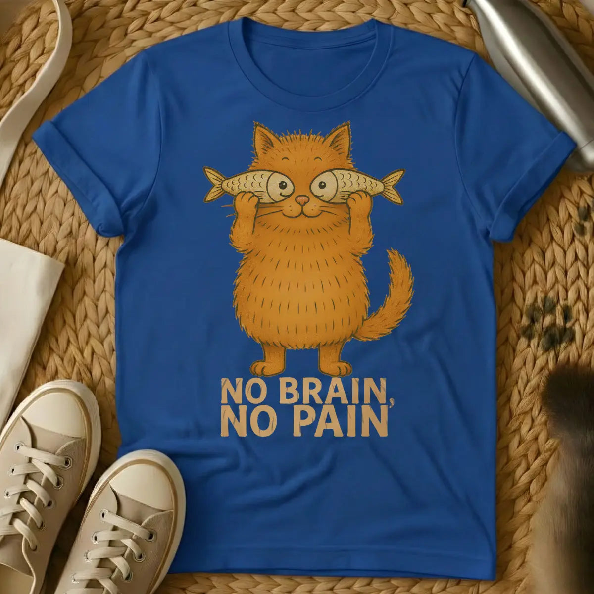 No Brain No Pain Cat Tee - Blue Cat T-Shirt