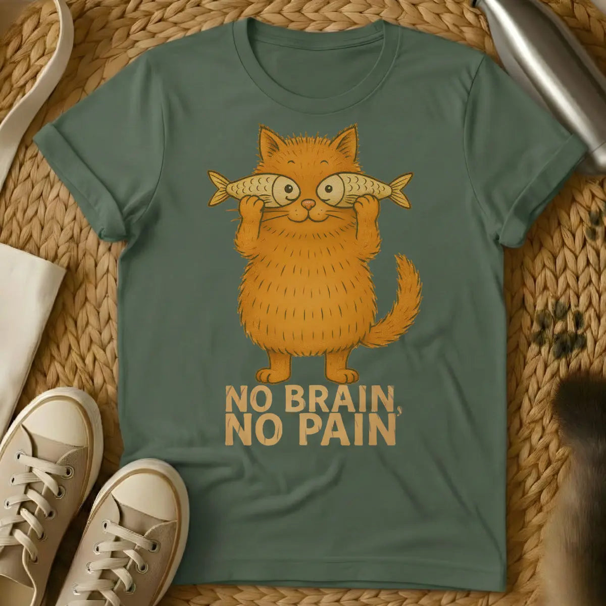 No Brain No Pain Cat Tee - Military Green Cat T-Shirt