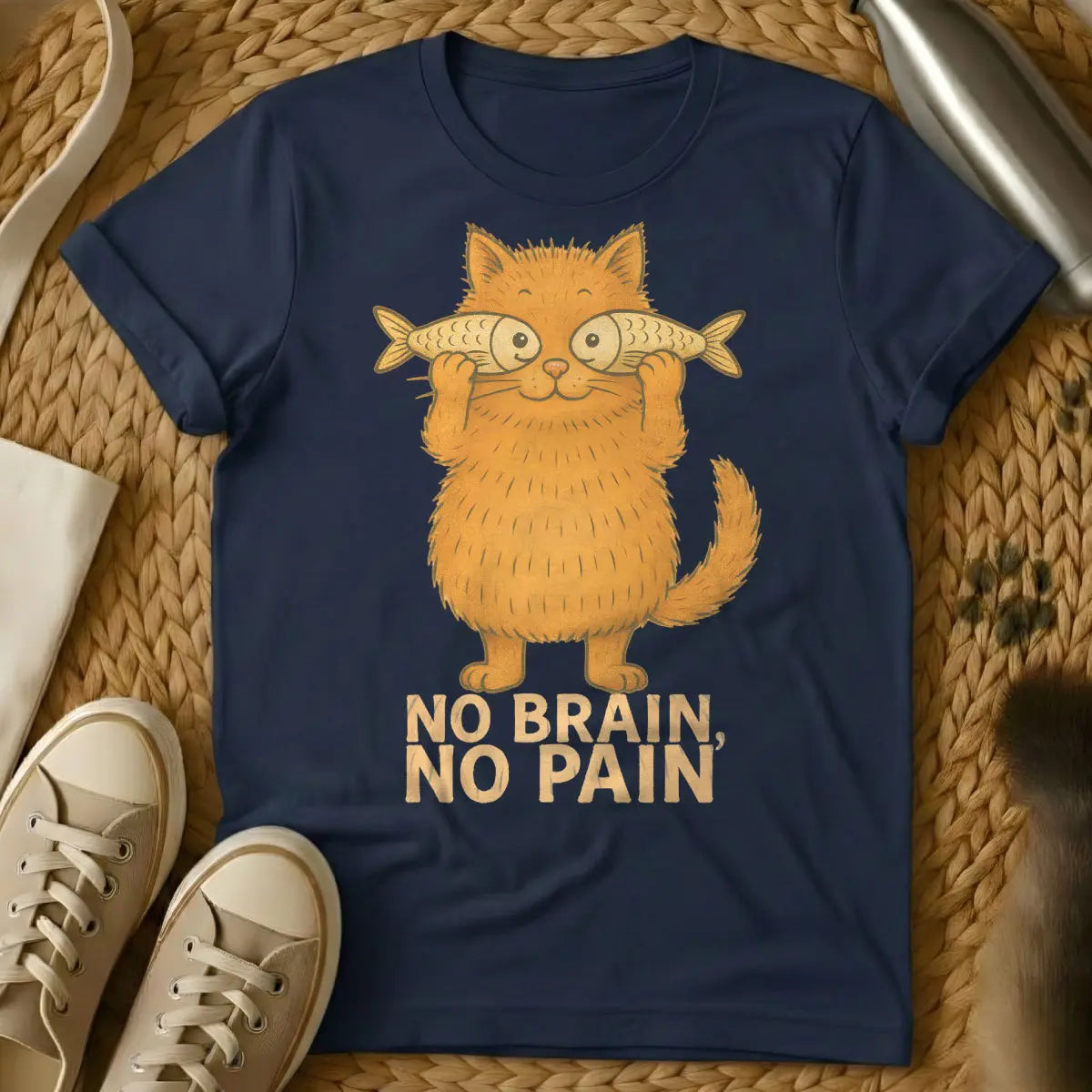 No Brain No Pain Cat Tee - Navy Cat T-Shirt