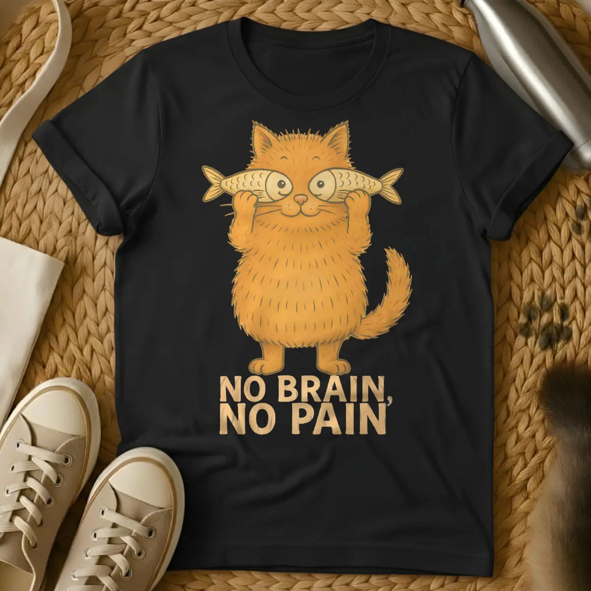No Brain No Pain Cat Tee - Black Cat T-Shirt