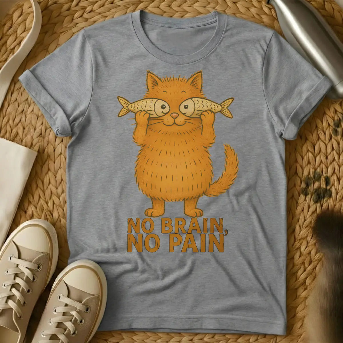 No Brain No Pain Cat Tee - Gray Cat T-Shirt