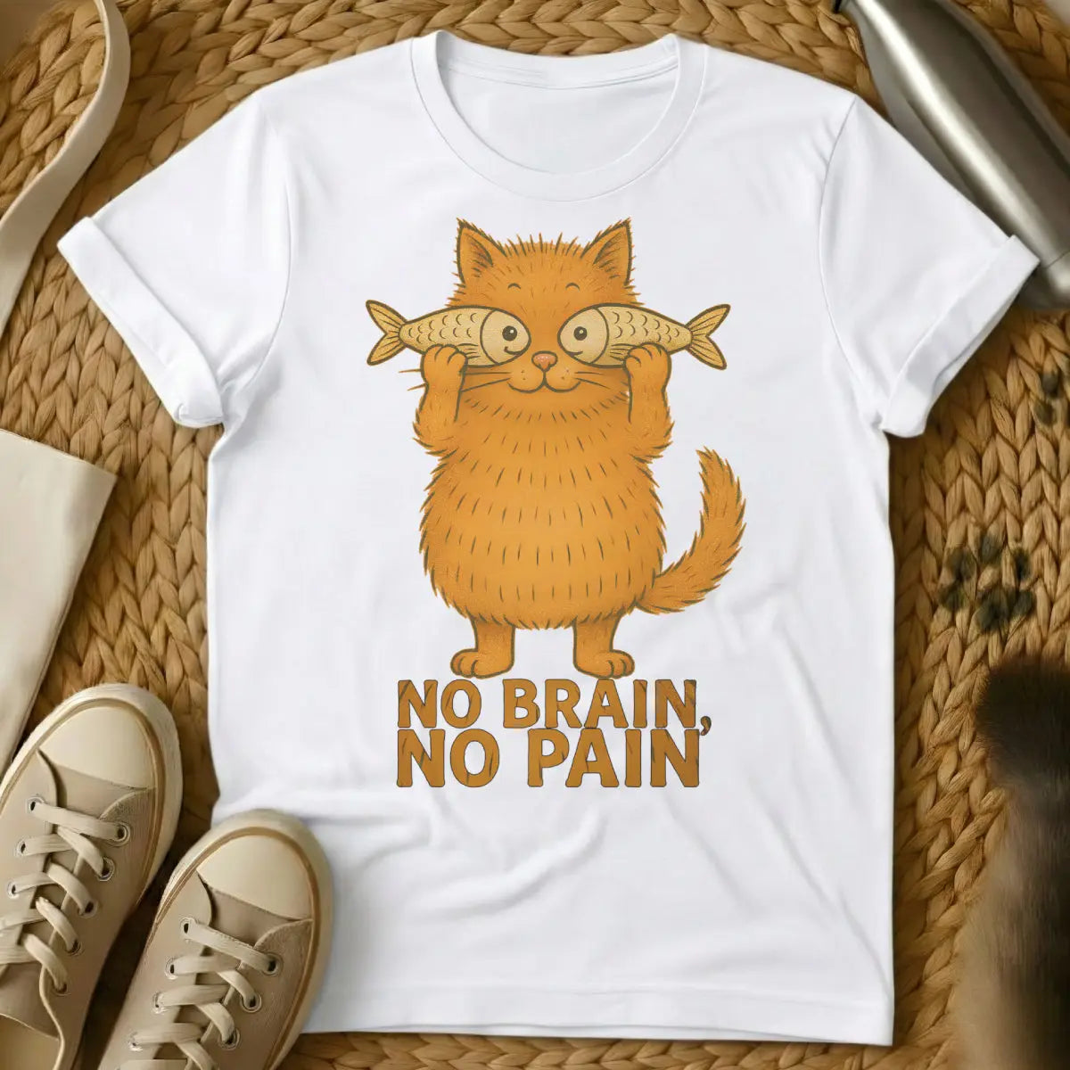 No Brain No Pain Cat Tee - White Cat T-Shirt