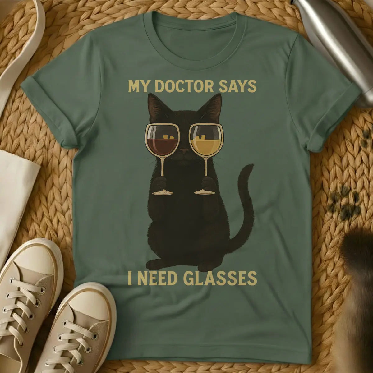 Glasses Cat Shirt - Military Green Cat T-Shirt