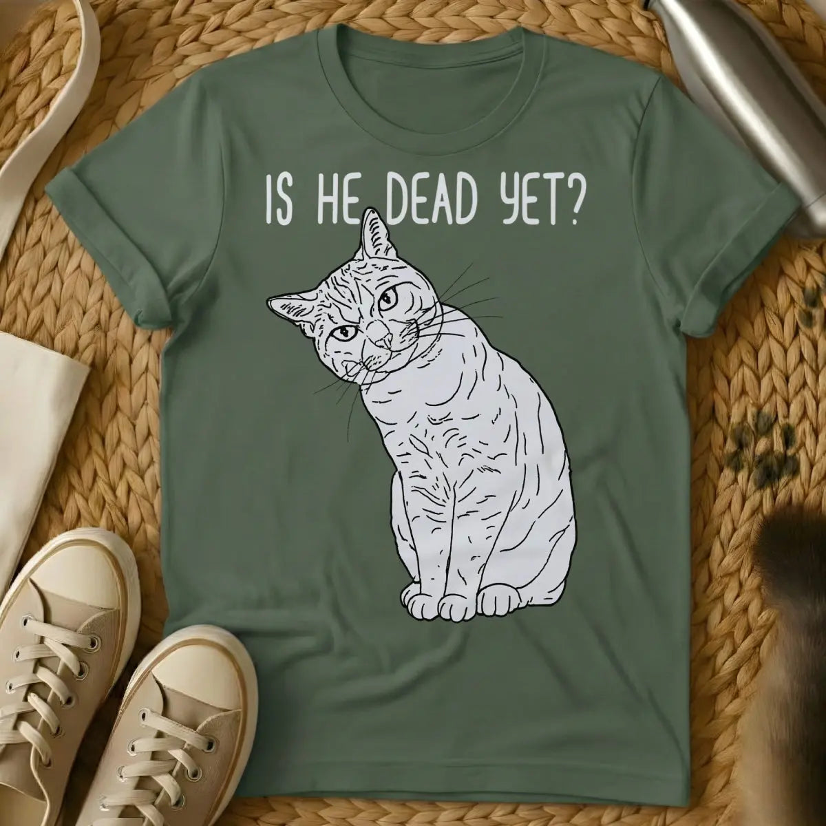 Is He Dead Cat Shirt - Military Green Cat T-Shirt