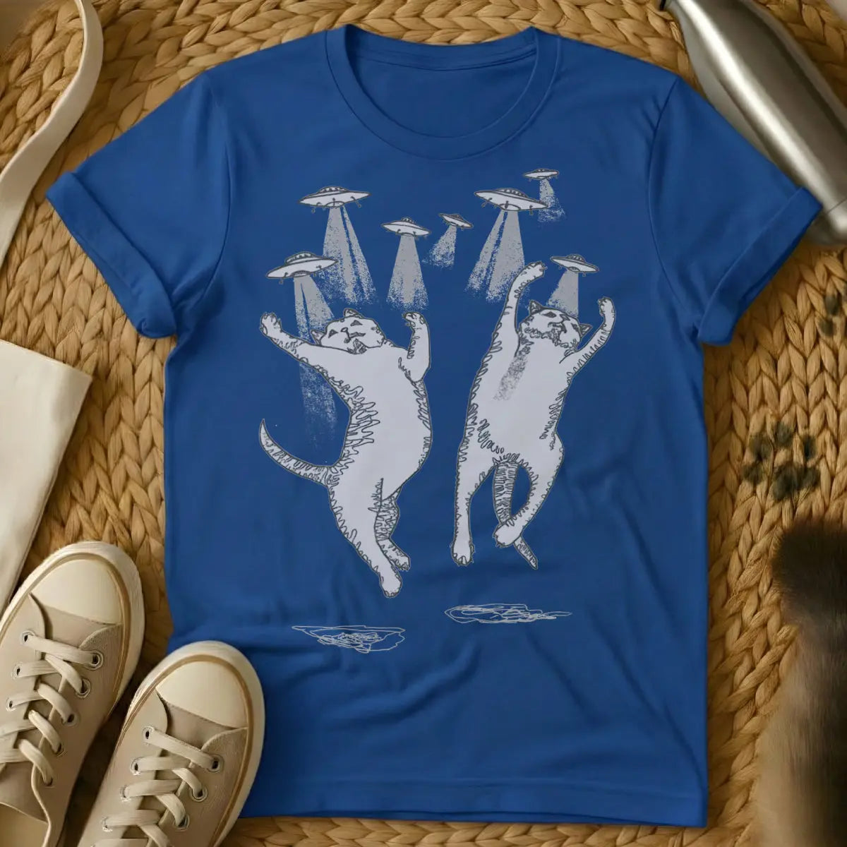Cat UFO Shirt - Blue T-Shirt - extraterrestrial feline, first contact art, government cover-up