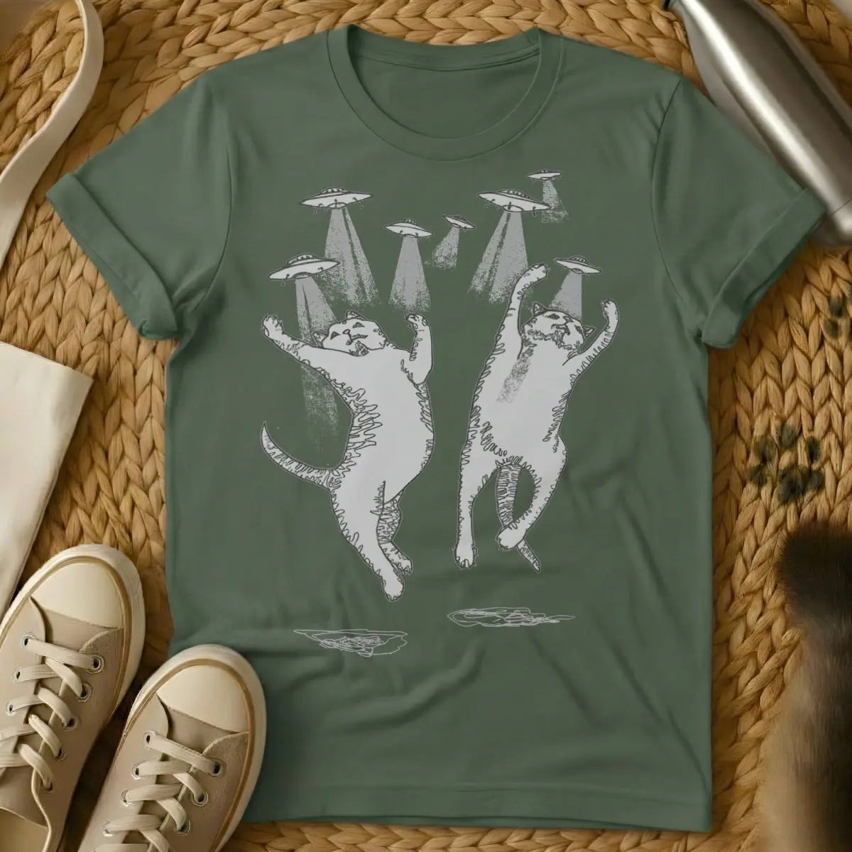 Cat UFO Shirt - Military Green T-Shirt - extraterrestrial feline, first contact art, government cover-up