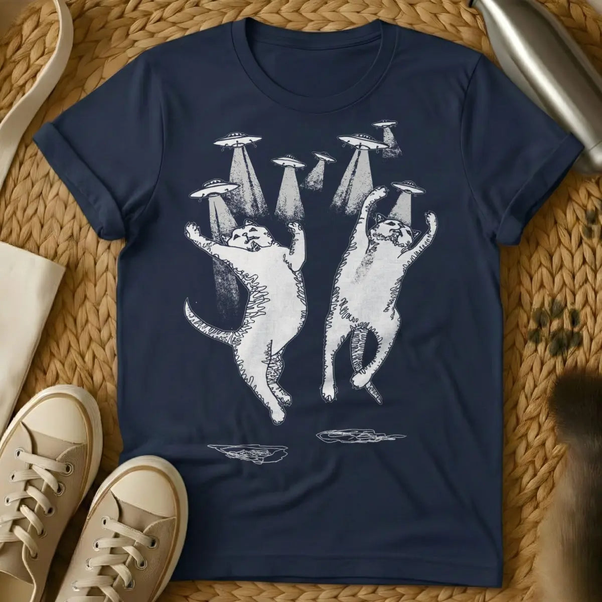 Cat UFO Shirt - Navy T-Shirt - extraterrestrial feline, first contact art, government cover-up