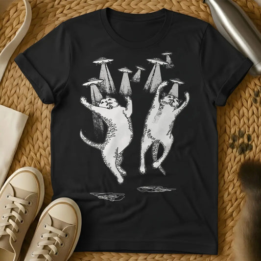 Cat UFO Shirt - Black T-Shirt - extraterrestrial feline, first contact art, government cover-up