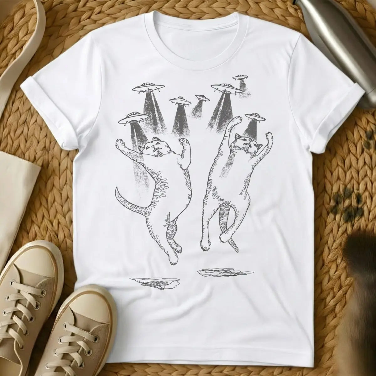 Cat UFO Shirt - White T-Shirt - extraterrestrial feline, first contact art, government cover-up