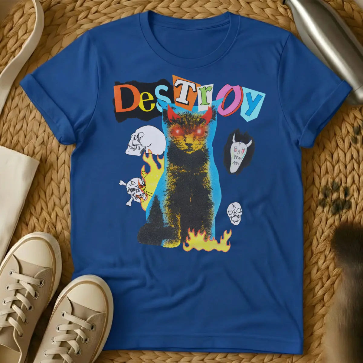Destroy Cat Shirt - Blue T-Shirt - corporate cat satire, dystopian pet humor, evil cat mastermind
