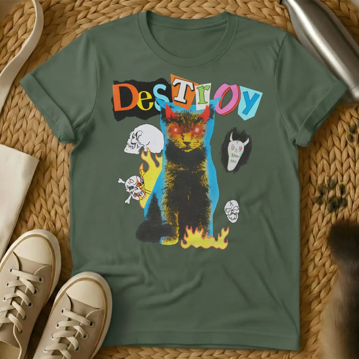 Destroy Cat Shirt - Military Green T-Shirt - corporate cat satire, dystopian pet humor, evil cat mastermind