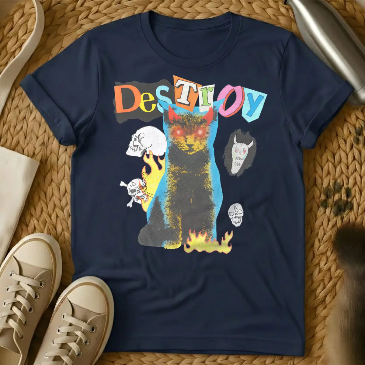 Destroy Cat Shirt - Navy T-Shirt - corporate cat satire, dystopian pet humor, evil cat mastermind