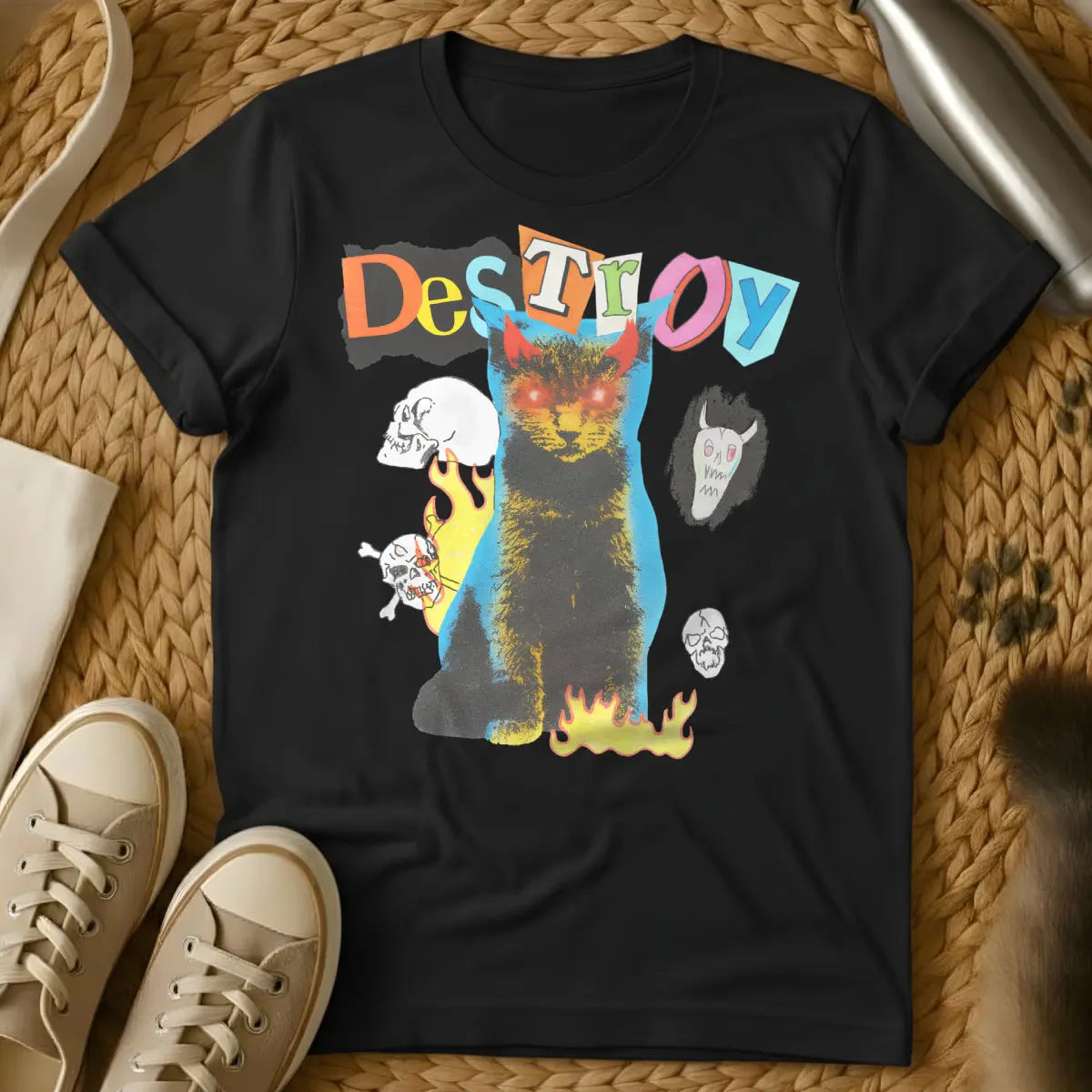 Destroy Cat Shirt - Black T-Shirt - corporate cat satire, dystopian pet humor, evil cat mastermind
