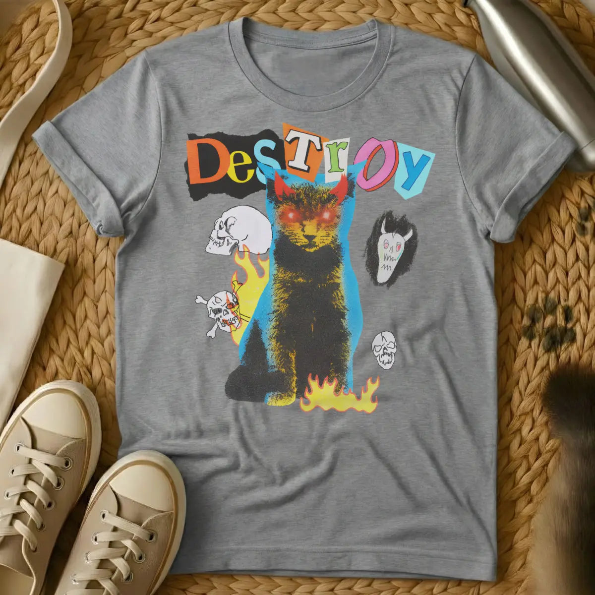 Destroy Cat Shirt - Gray T-Shirt - corporate cat satire, dystopian pet humor, evil cat mastermind
