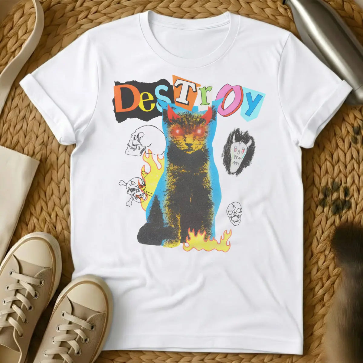 Destroy Cat Shirt - White T-Shirt - corporate cat satire, dystopian pet humor, evil cat mastermind
