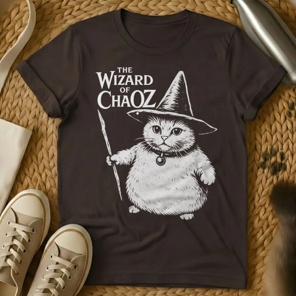 Cat Wizard Shirt - Dark Chocolate T-Shirt - arcane feline, enchanted cat, magical familiar
