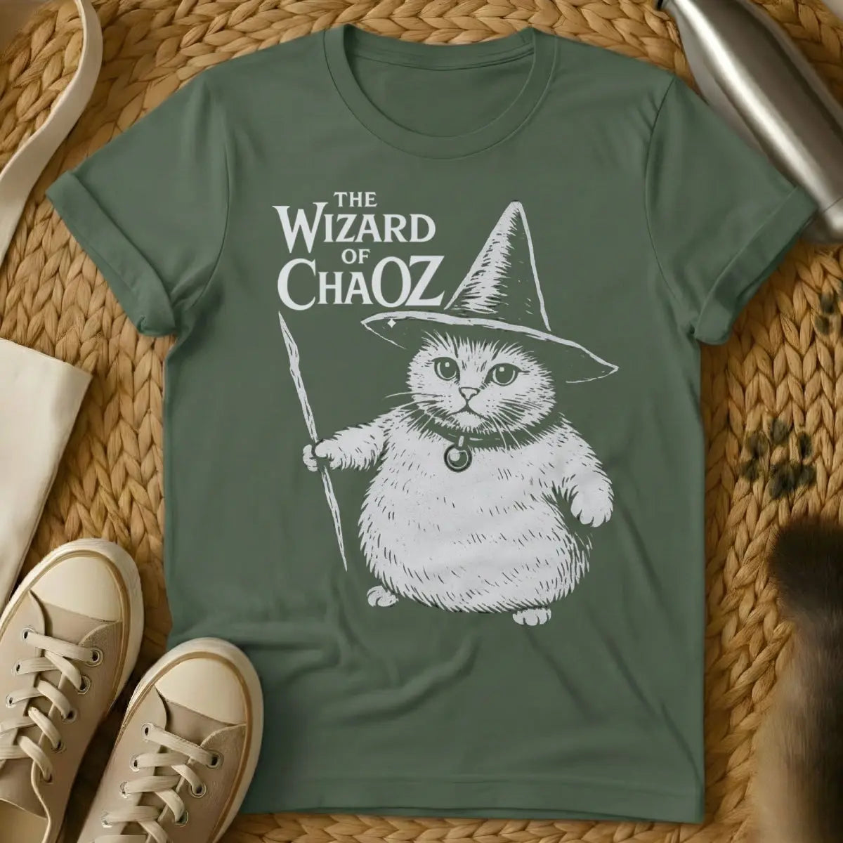 Cat Wizard Shirt - Military Green T-Shirt - arcane feline, enchanted cat, magical familiar