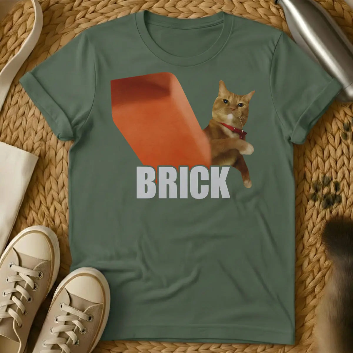 Cat Brick Shirt - Military Green T-Shirt - cat owner relatability, feline inertia humor, gravitational cat theory