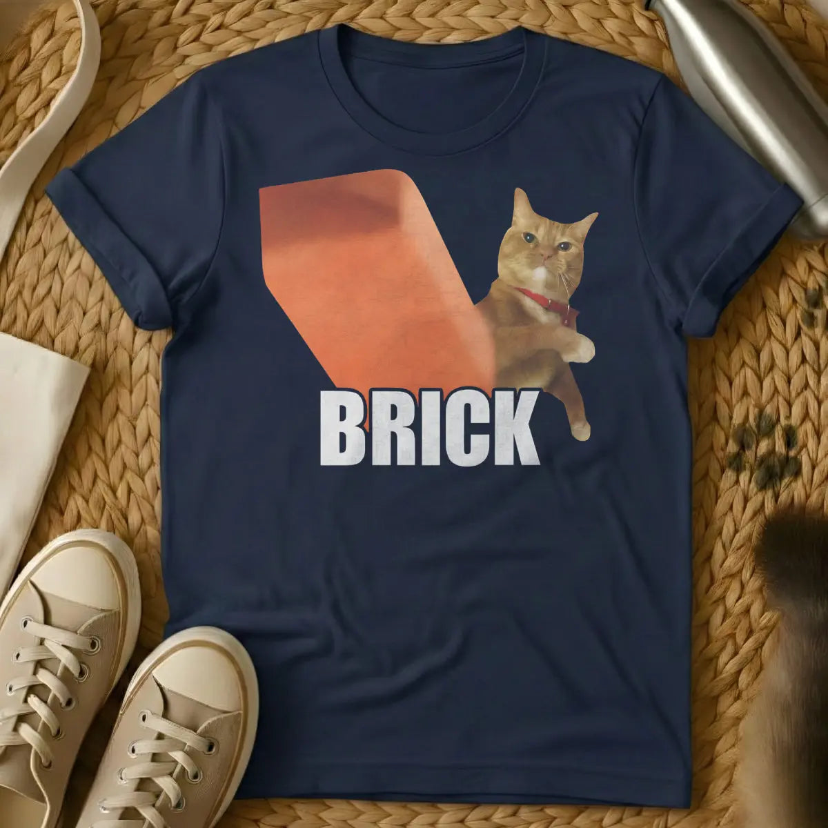 Cat Brick Shirt - Navy T-Shirt - cat owner relatability, feline inertia humor, gravitational cat theory