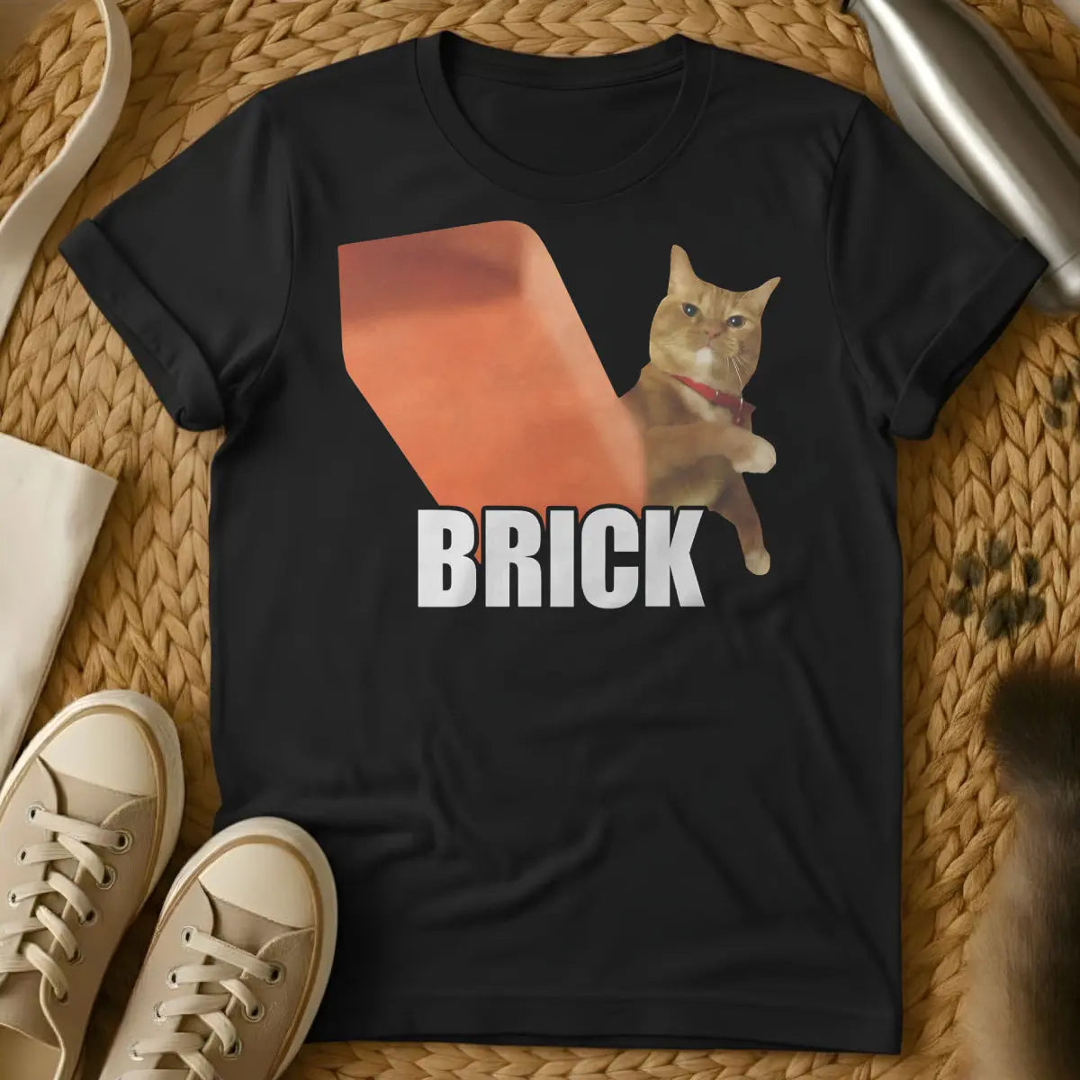 Cat Brick Shirt - Black T-Shirt - cat owner relatability, feline inertia humor, gravitational cat theory