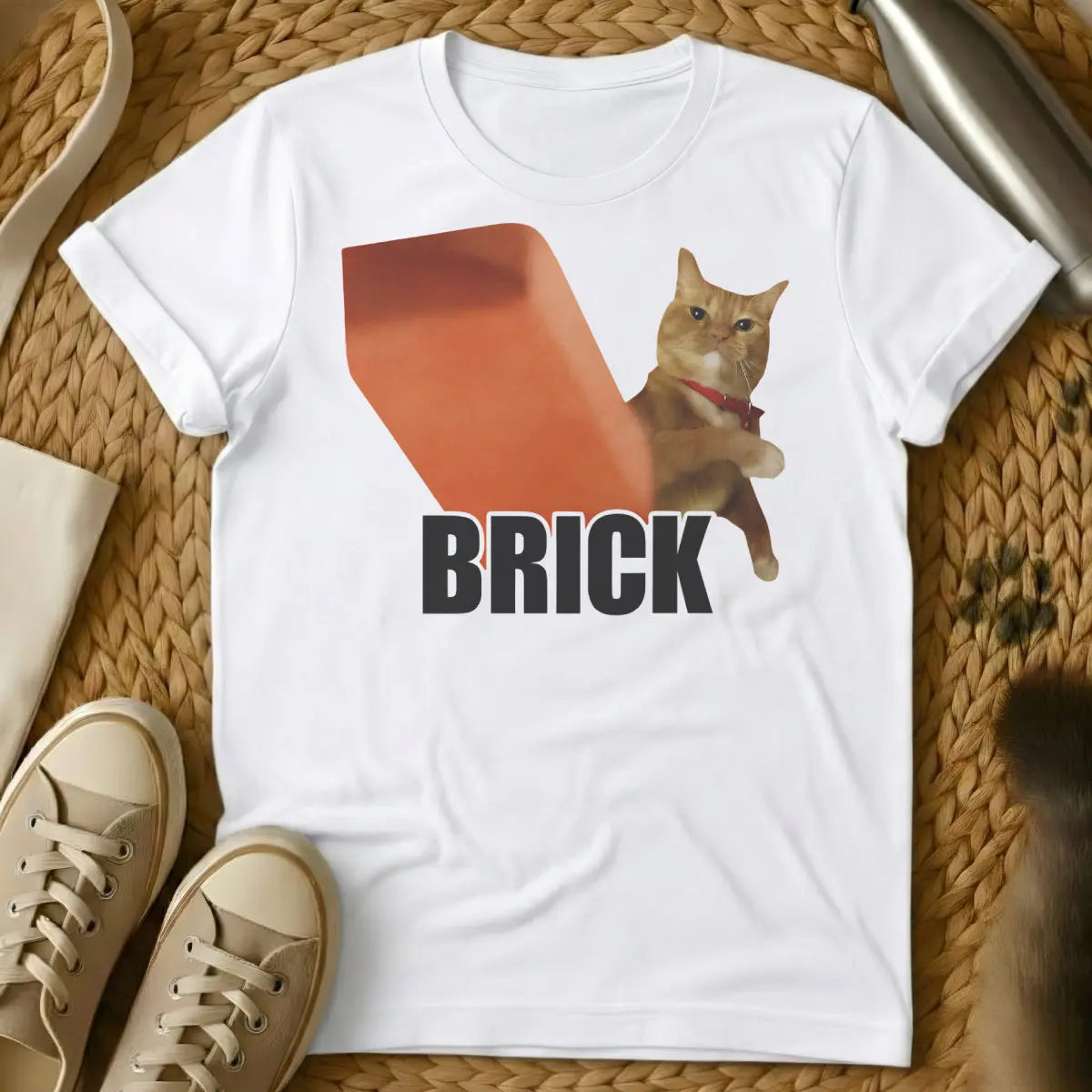 Cat Brick Shirt - White T-Shirt - cat owner relatability, feline inertia humor, gravitational cat theory