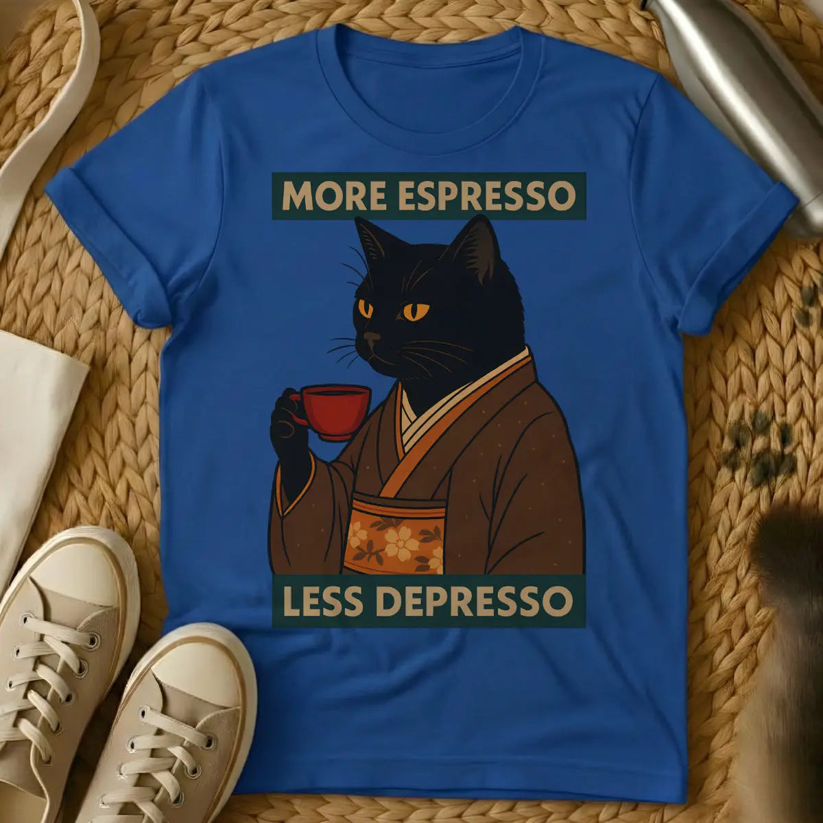 Espresso Cat T-Shirt - Blue T-Shirt - caffeine cat, coffee culture feline, intense pet energy