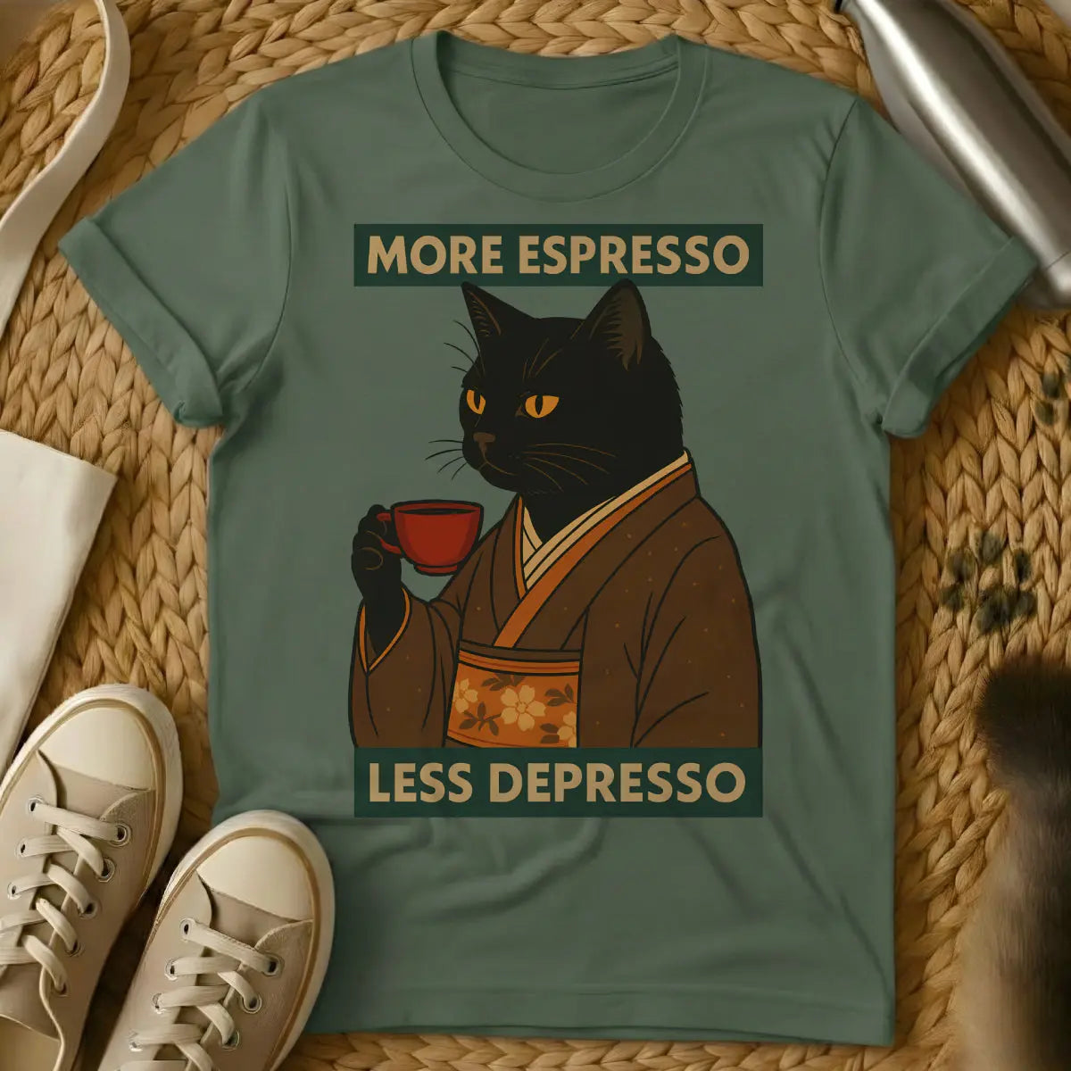 Espresso Cat T-Shirt - Military Green T-Shirt - caffeine cat, coffee culture feline, intense pet energy