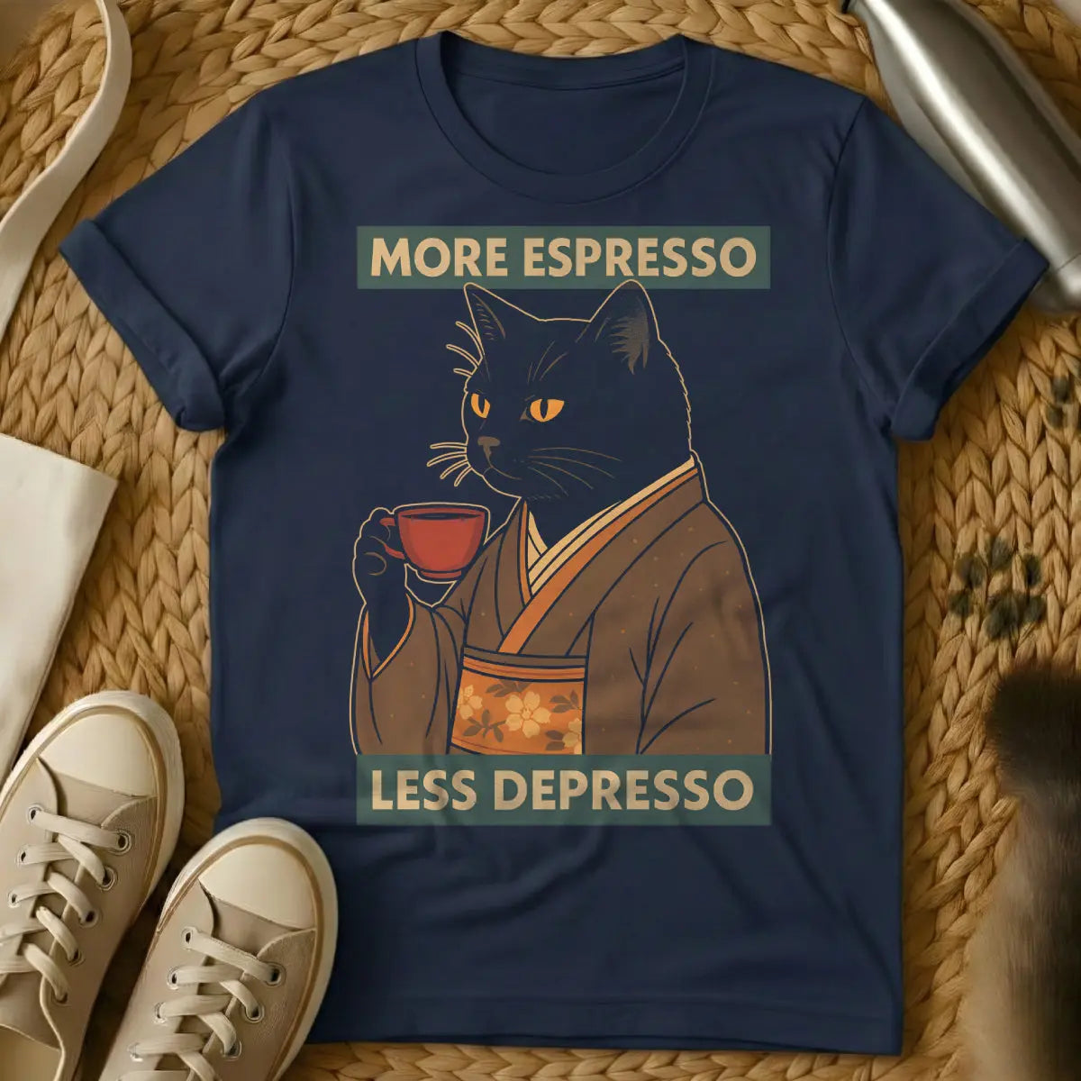 Espresso Cat T-Shirt - Navy T-Shirt - caffeine cat, coffee culture feline, intense pet energy
