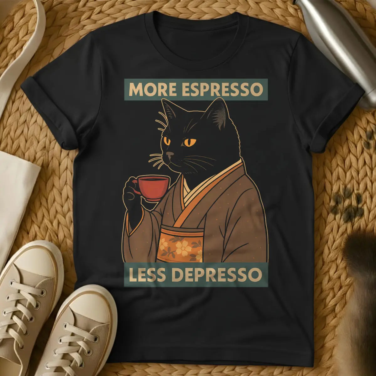 Espresso Cat T-Shirt - Black T-Shirt - caffeine cat, coffee culture feline, intense pet energy