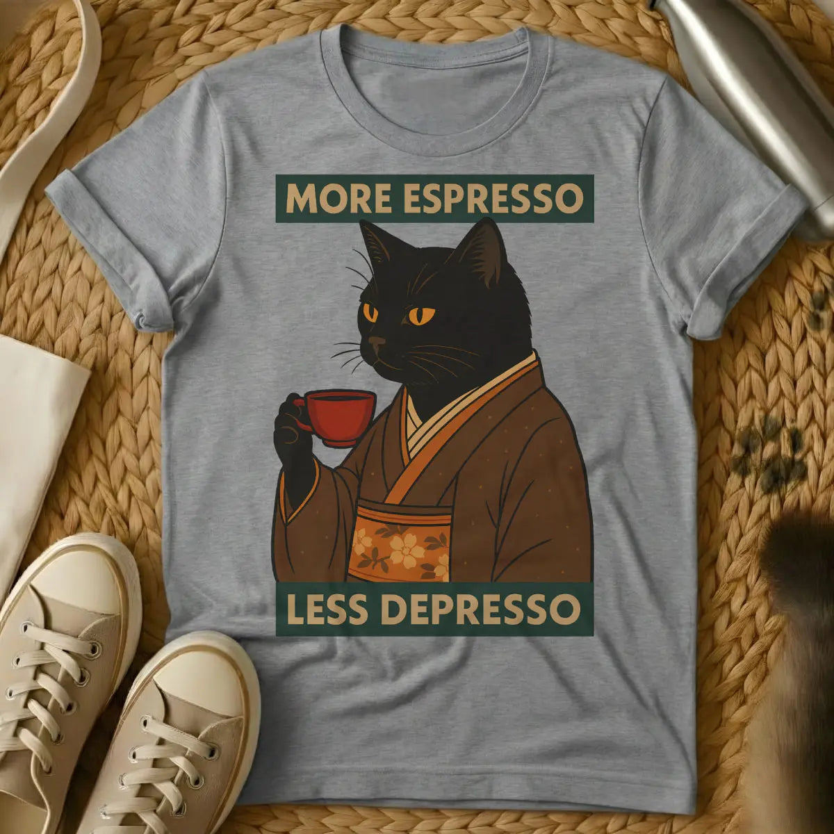 Espresso Cat T-Shirt - Gray T-Shirt - caffeine cat, coffee culture feline, intense pet energy