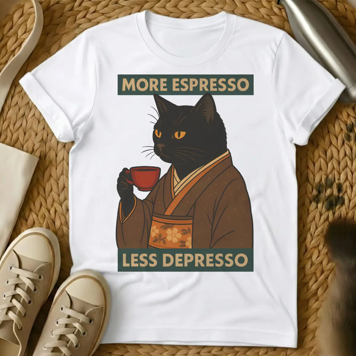 Espresso Cat T-Shirt - White T-Shirt - caffeine cat, coffee culture feline, intense pet energy