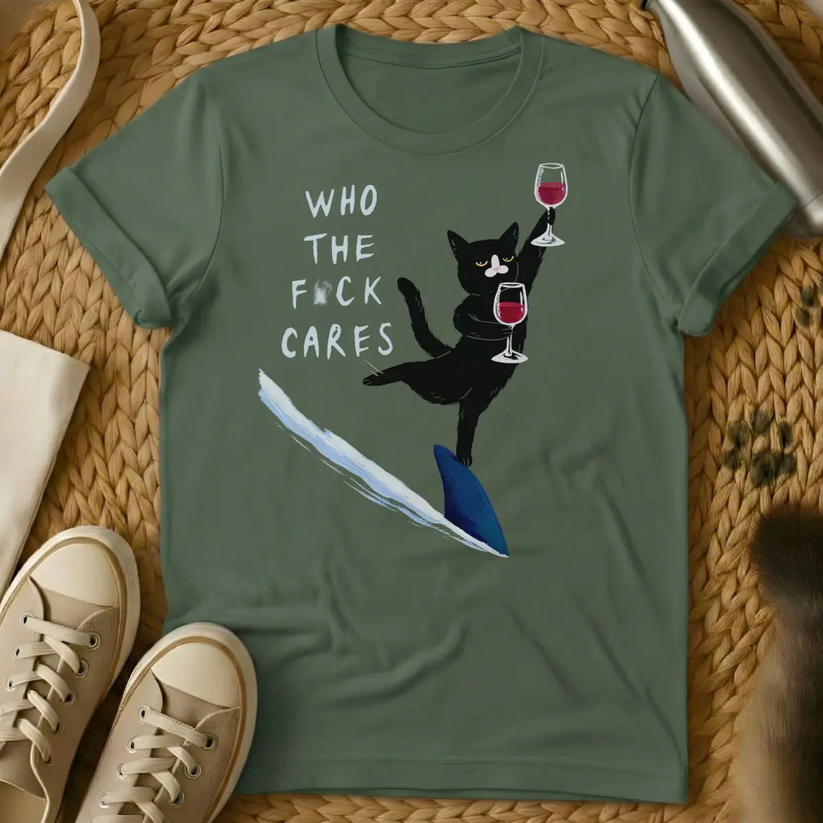 Who Cares Cat Shirt - Military Green Cat T-Shirt