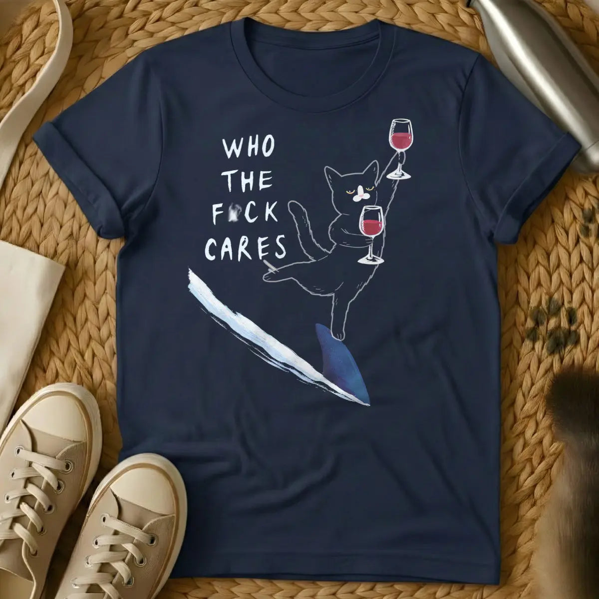 Who Cares Cat Shirt - Navy Cat T-Shirt